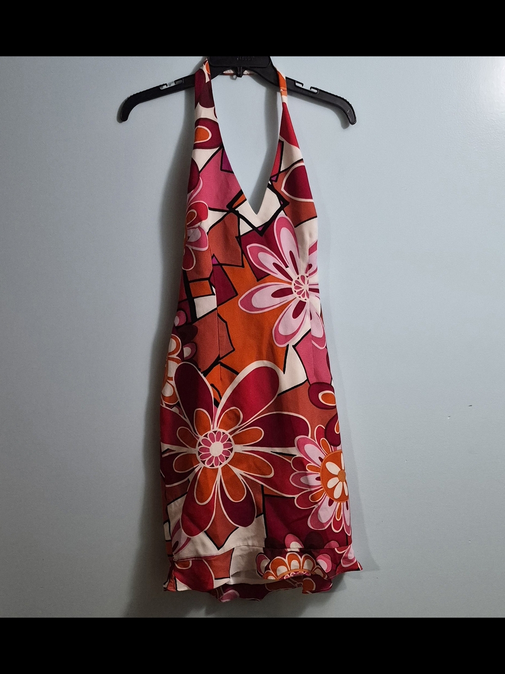 David Meister Pink & Orange Halter Floral V-Neck Dress
